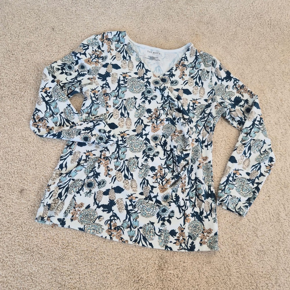 Talbots Faux Wrap Top Womens Large Blue White Floral Ruffle Stretch Cottagecore